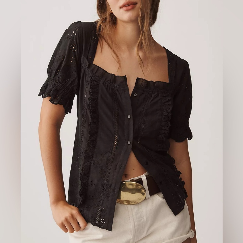 Anthropologie Black Eyelet Button-Front Top — NWT — Size Medium
